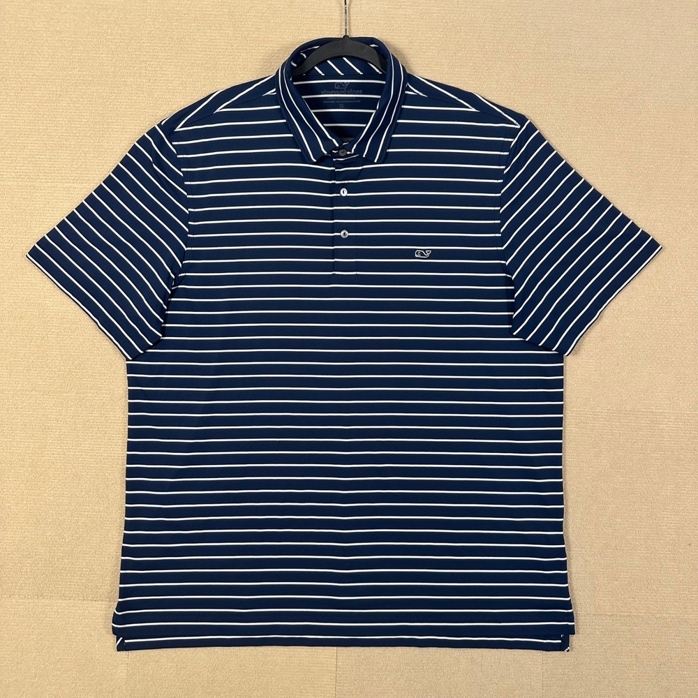 Vineyard Vines Performance Polo Shirt Men XL Navy Striped Whale Short Sleeve